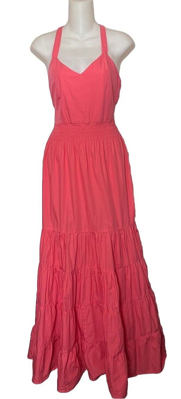 Lusana Penelope 100% Cotton Maxi Open Back Dress Women’s Sz 4 Orange Pink Salmon